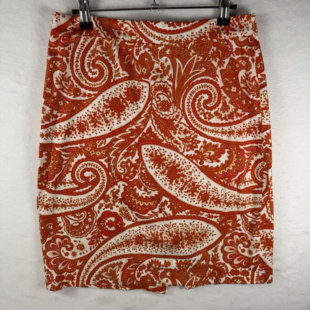 J Crew Pencil Skirt Paisley Orange Cream‎ Stretch Retro Preppy Career Boho Sz 4